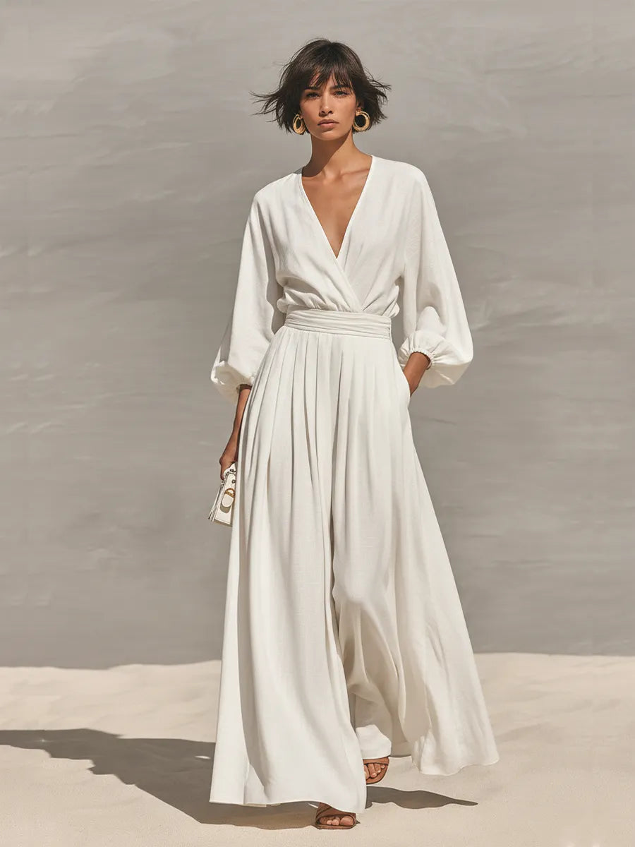 Women's White Linen Blend Wide Leg Jumpsuit With Wrap V Neck Puff Three Quarter Sleeves & High Waist Pleated Trousers, Minimalist Resort Floor Length Jumpsuit MDZ1611G6LYL