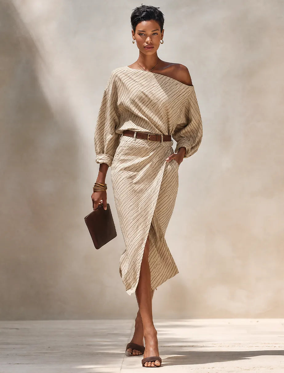 Women's Minimalist Beige Diagonal-Stripe Linen Off-Shoulder Midi Dress (Belt Not Included) MDZ0787G3ZRK