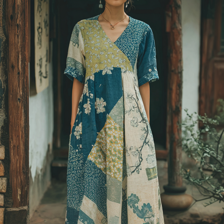 Japanese Art Retro Geometric Patchwork Plant Flower Print Women's V-neck Cotton And Linen Dress