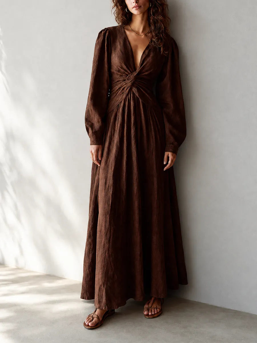 Women's Resort-Style Chocolate Brown Deep V-Neck Twist-Front Bishop-Sleeve Cinched-Waist Linen Maxi Dress MDZ1088G6CMX