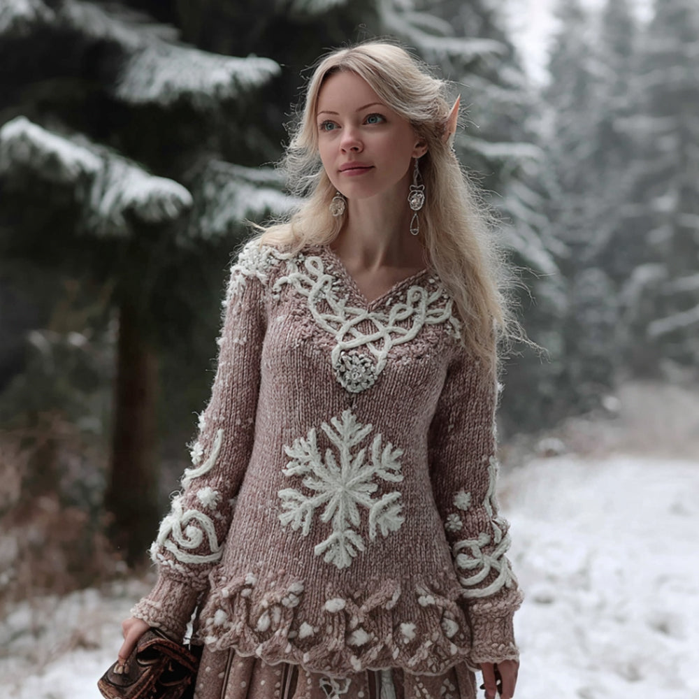 Women's Christmas Celtic Knot Snowflake Pink V-neck Sweater
