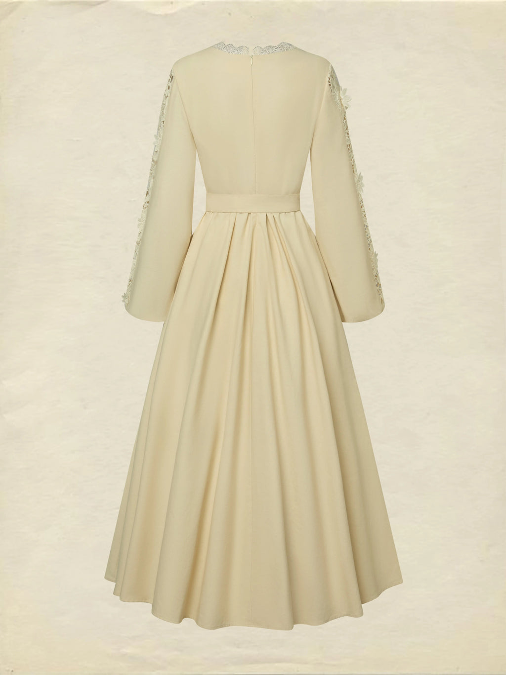 Midi Linen Dress, Long Sleeves, Plain, Lace, French Vintage, Apricot