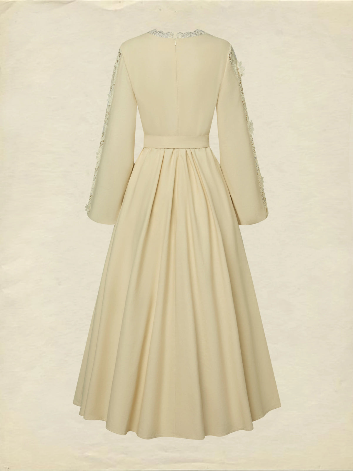 Midi Linen Dress, Long Sleeves, Plain, Lace, French Vintage, Apricot