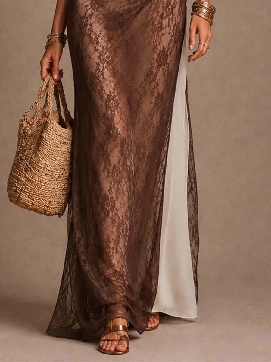 Asymmetrical Draped Sheer Tencel And Lace Maxi Dress Two Piece Set