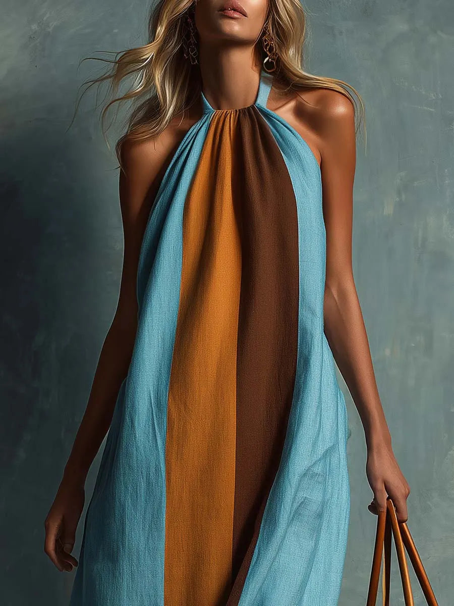 Retro Bohemian Halter Neck Blue And Brown Color-blocked Cotton And Linen Maxi Dress