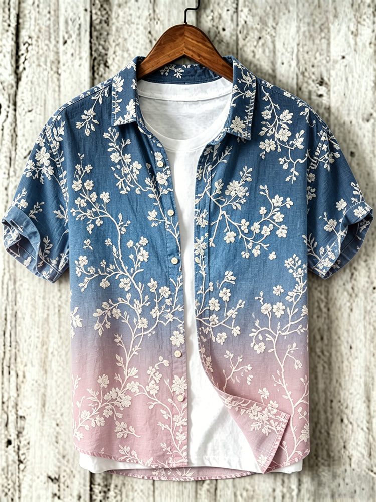 Men's Vintage Floral Gradient Art Print Flowy Linen Blend Short Sleeve Shirt