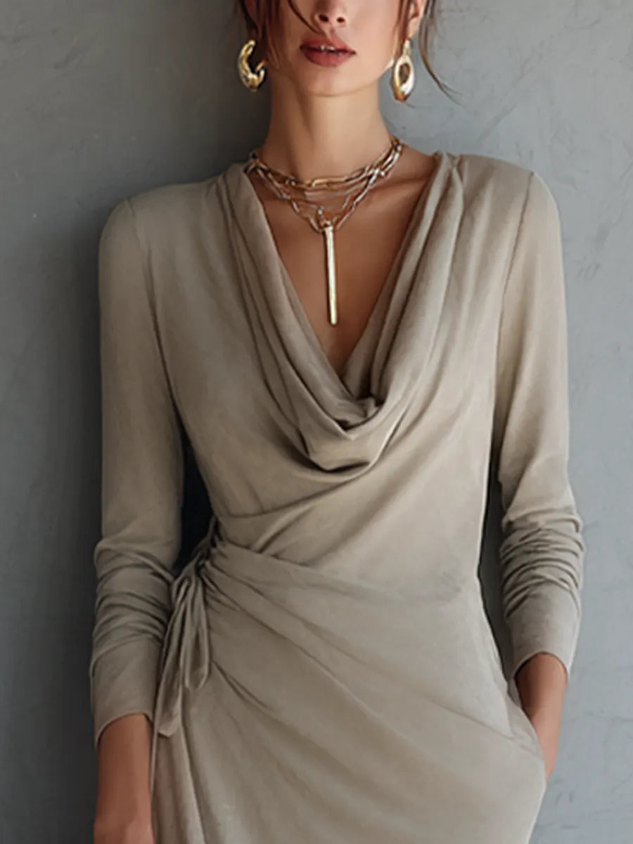 Women's Luxury Workwear Style Oat Knit Cotton Blend Cowl Neck Long Sleeve Side Tie Slit Midi Dress MDZ0329G6GMJ