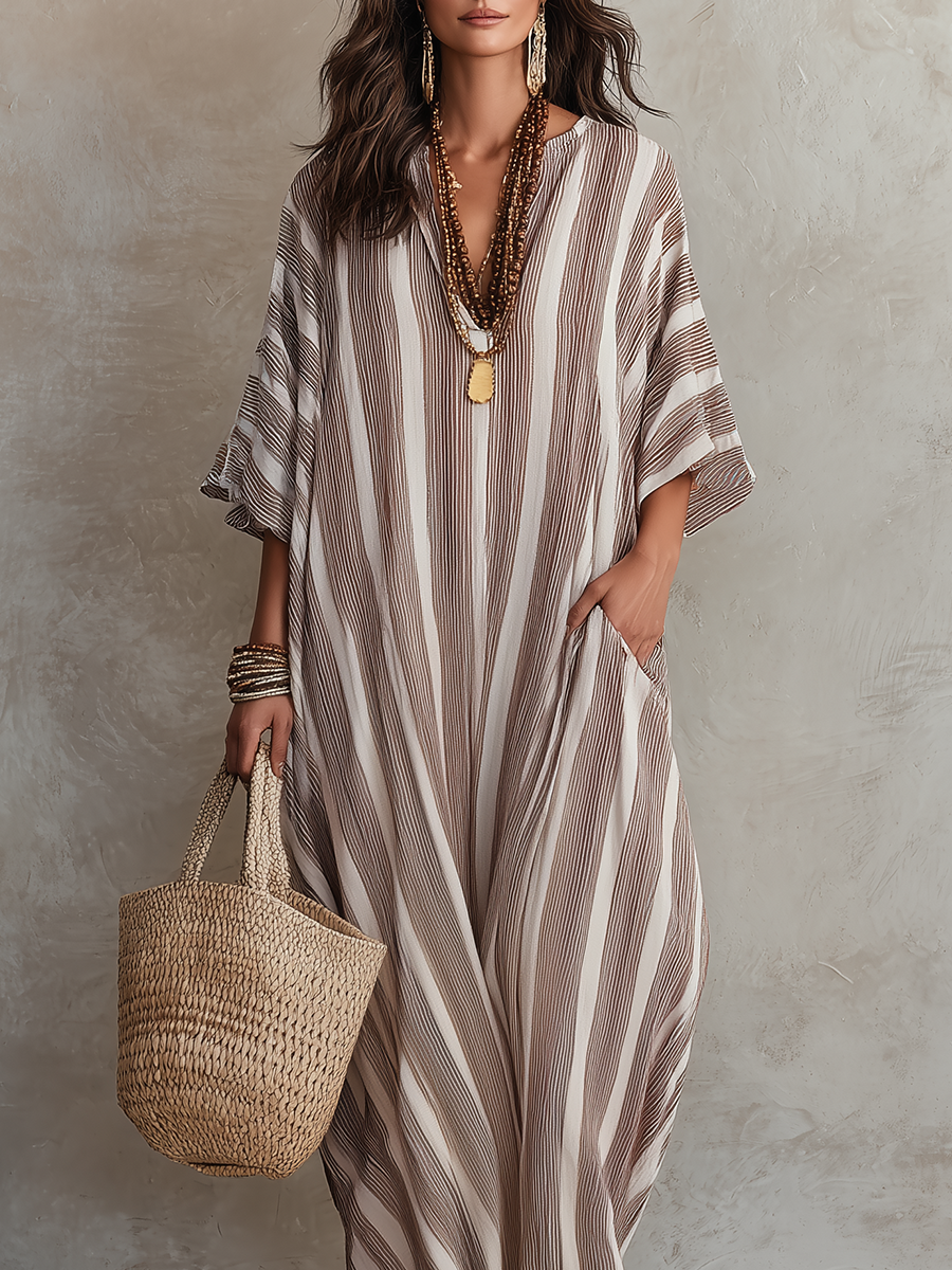 Neutral Striped Kaftan  ¨C Effortless Bohemian Resort Style Maxi Dress