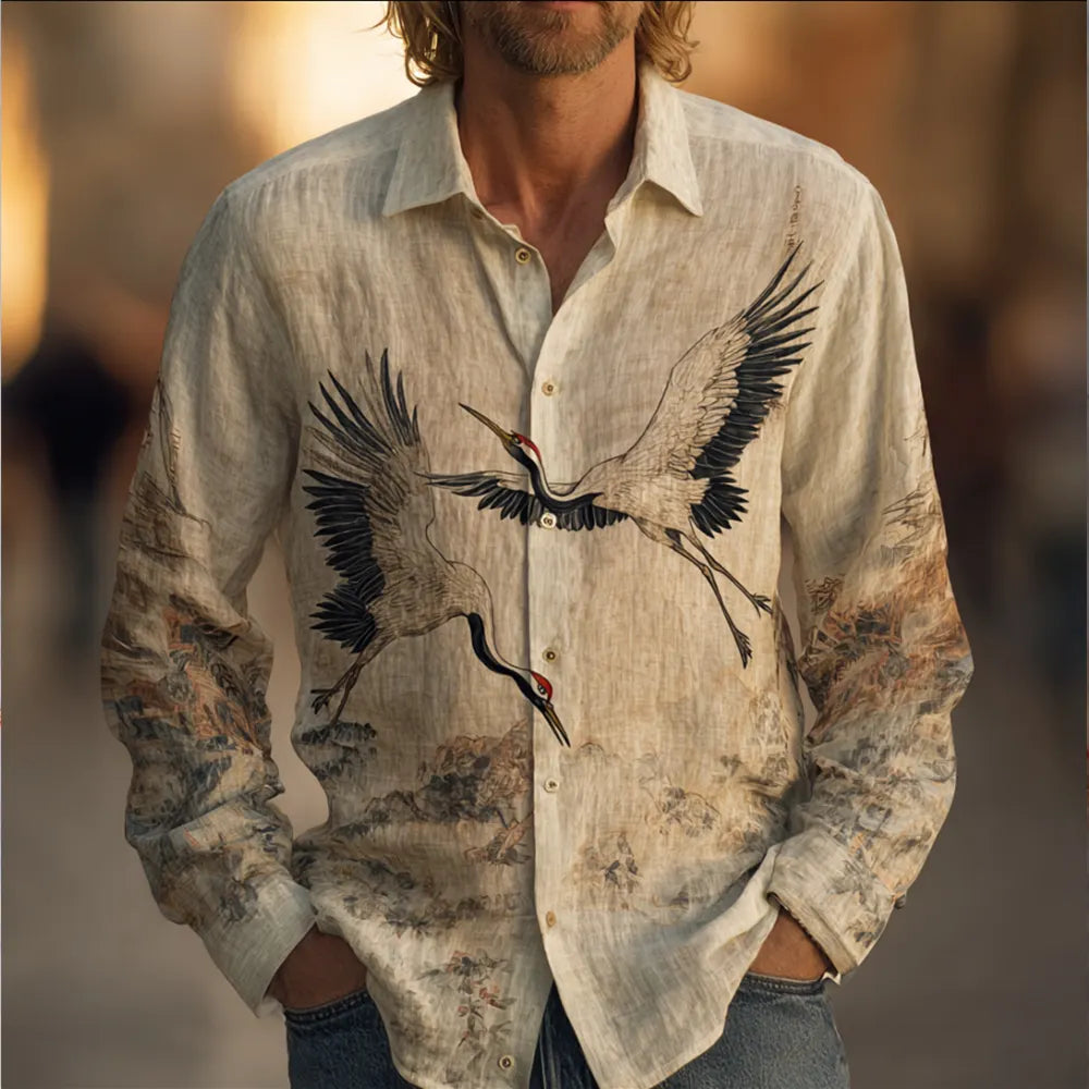 Japanese Playful Crane Retro Linen And Cotton Collar Shirt