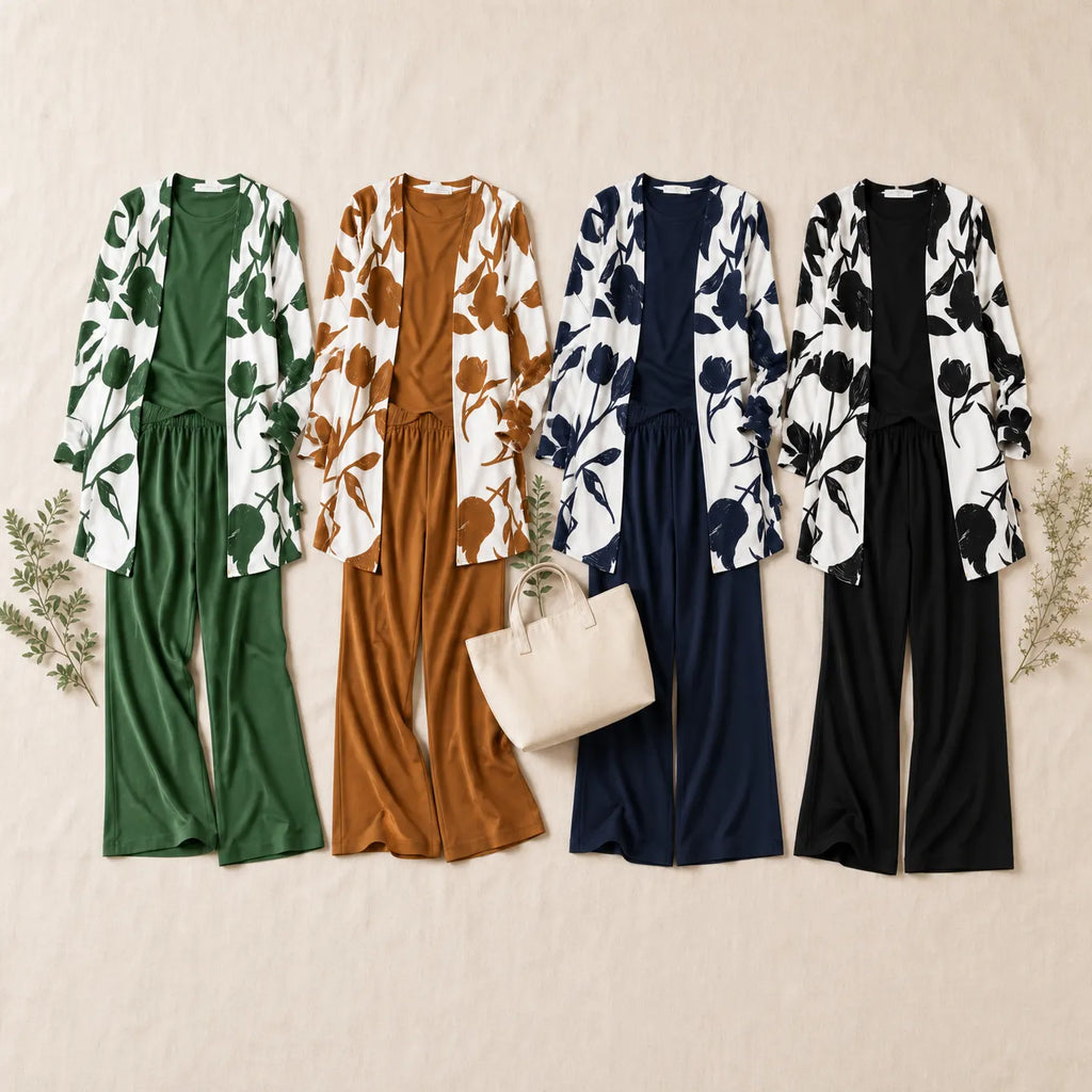 Brenda – Women's 3 Piece Set with Floral Cardigan, Scoop Top and Wide Leg Trousers