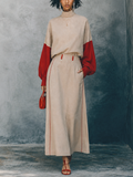 Women's Retro Casual Light Khaki Cotton Linen And Red Knit Cotton Blend High Neck Color Block Sleeve Long Sleeve Full Length Pants Set MDZ1511G0GMJ