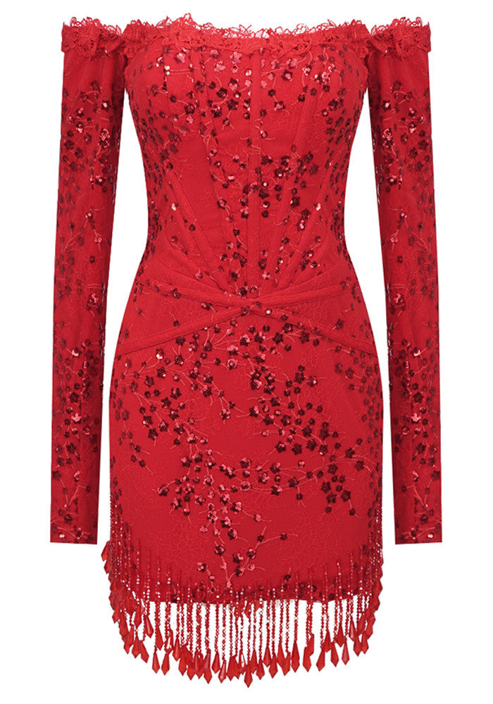 Long Sleeve Strapless Sequin Tassel Dress Red