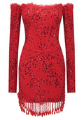 Long Sleeve Strapless Sequin Tassel Dress Red