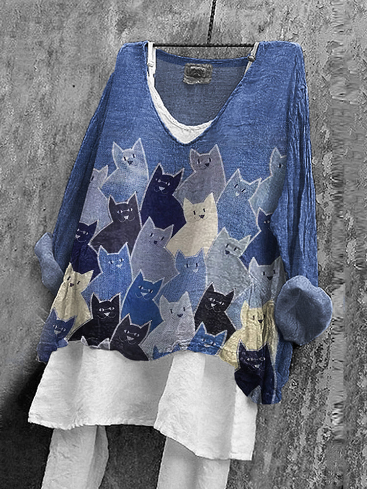 Vintage Abstract Cat Art Linen Blend Blouse