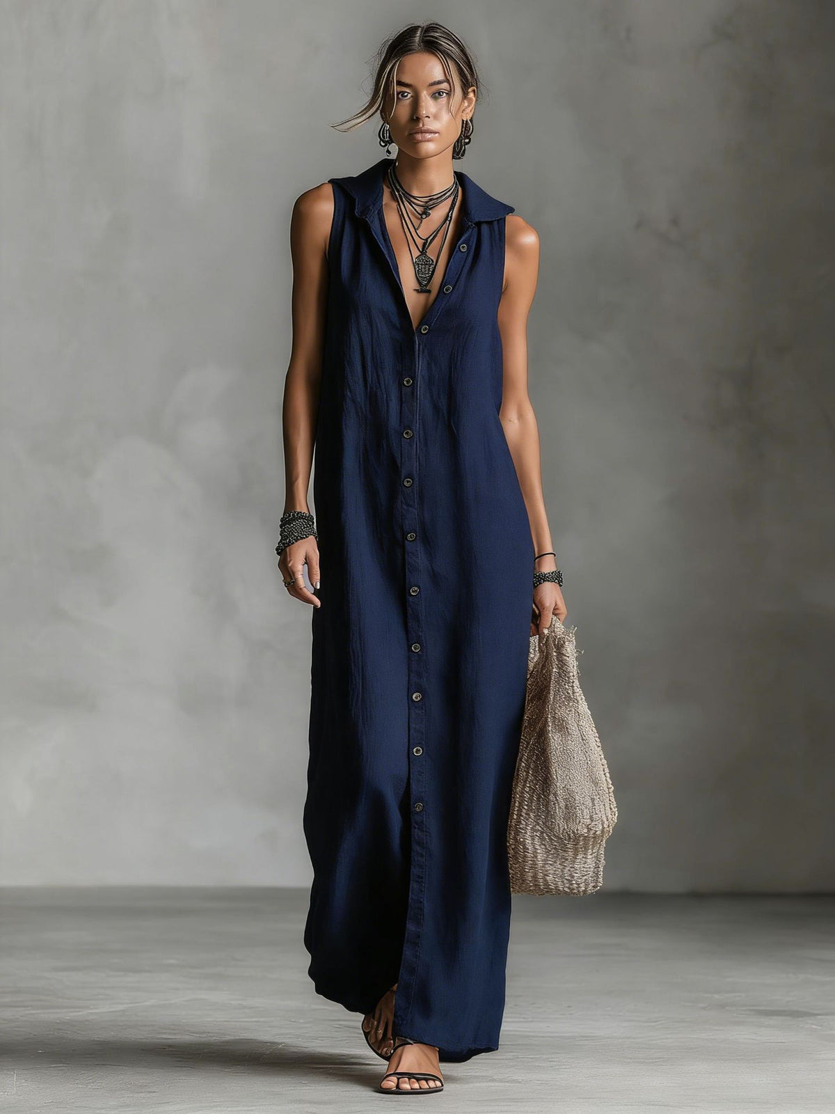 Bohemian Hooded Maxi Shirt Dress - Sleeveless High-Slit Button-Down Summer Vacation Long Dress