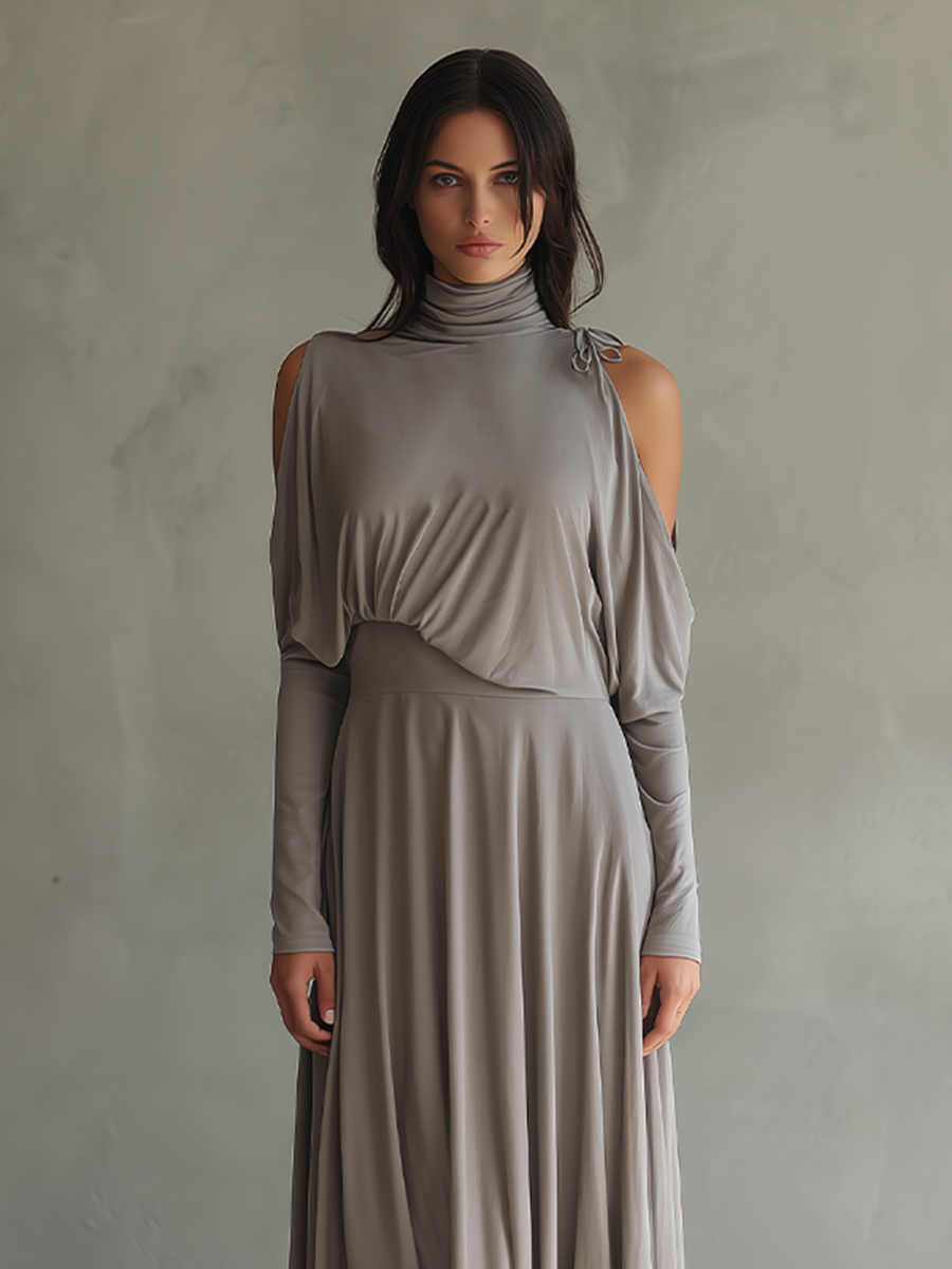Women's Taupe Soft Modal Maxi Dress With Turtleneck Cold Shoulder Cutout & Draped Waist, Minimalist Elegant Flowy Maxi Dress MDZ2272G8LYL