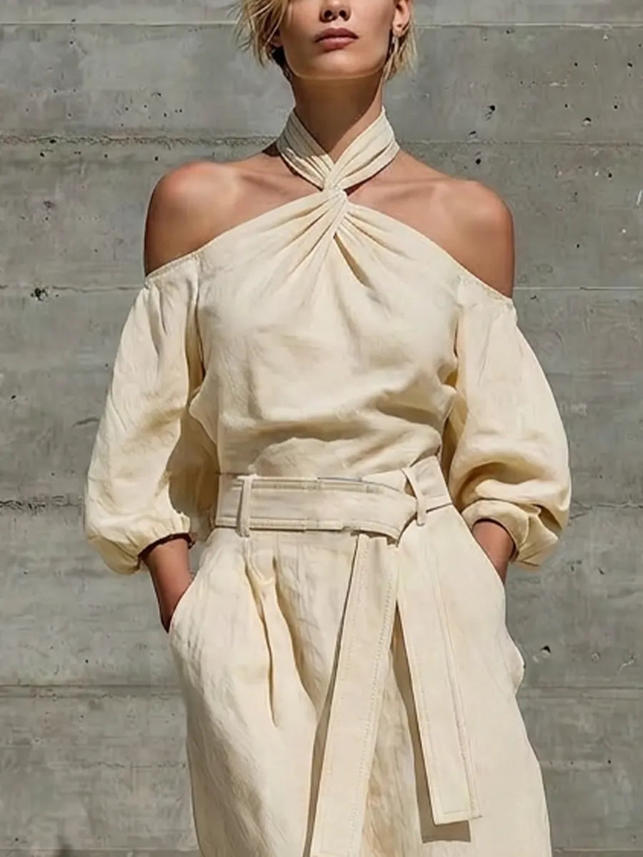 Women’s Cream Linen Twist Halter Off Shoulder Puff Elbow Sleeve Self Belt Waist Front Split Maxi Dress MDZ0278G5T