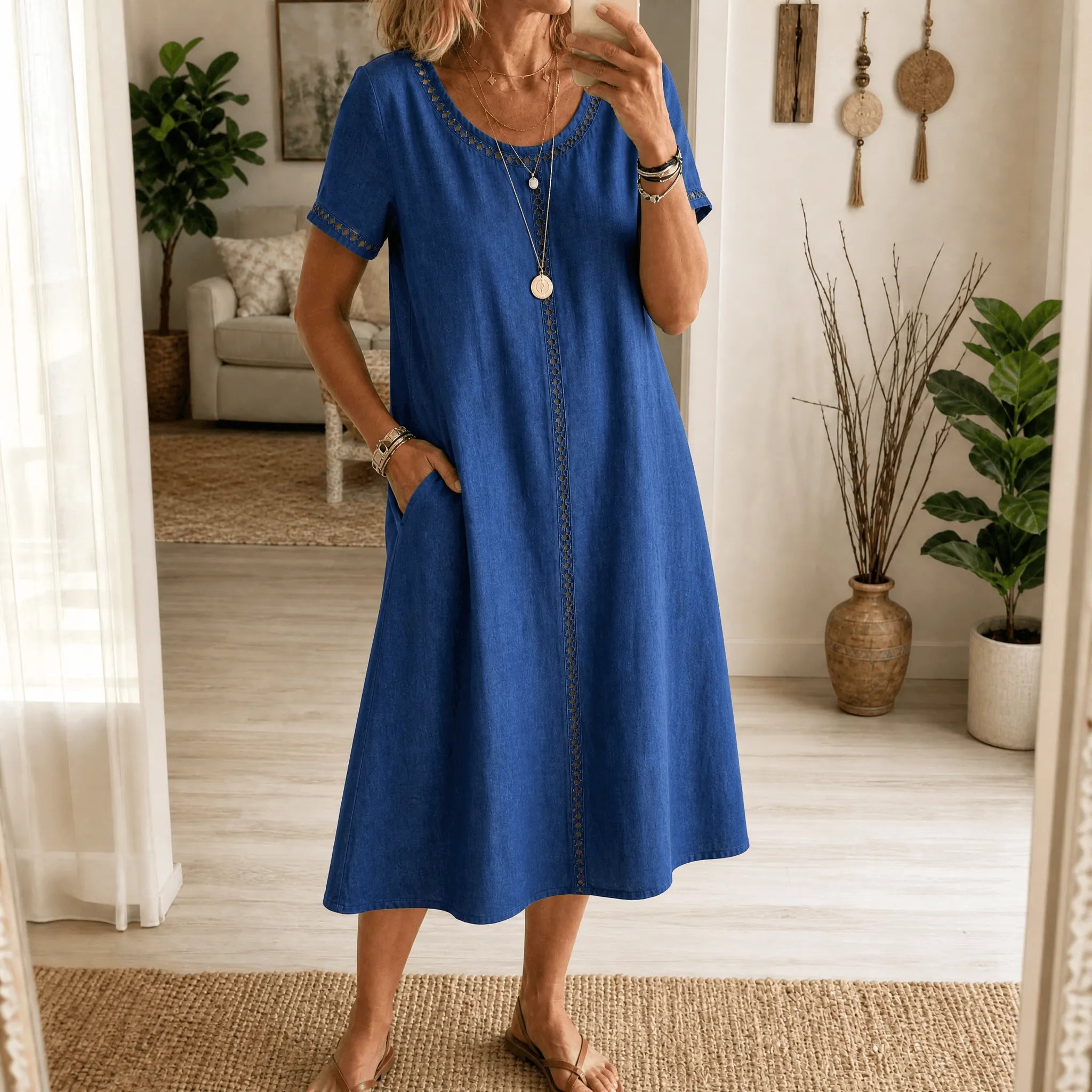 Lunavia – Women's Eyelet Trim Linen Midi Dress