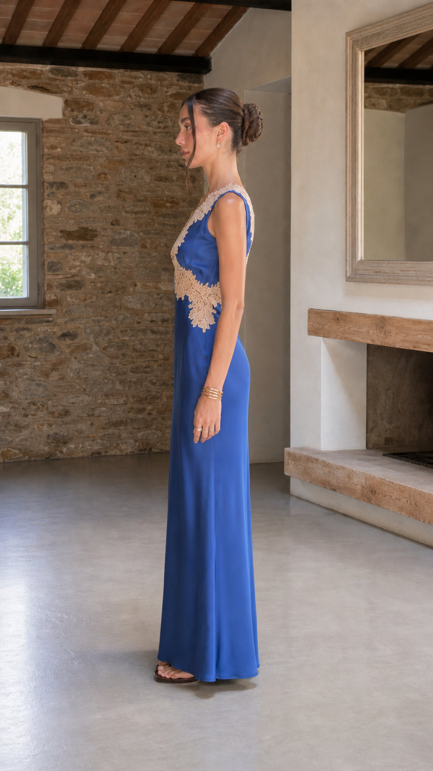 Elegant Contrast Lace Trim Sleeveless Satin Maxi Dress