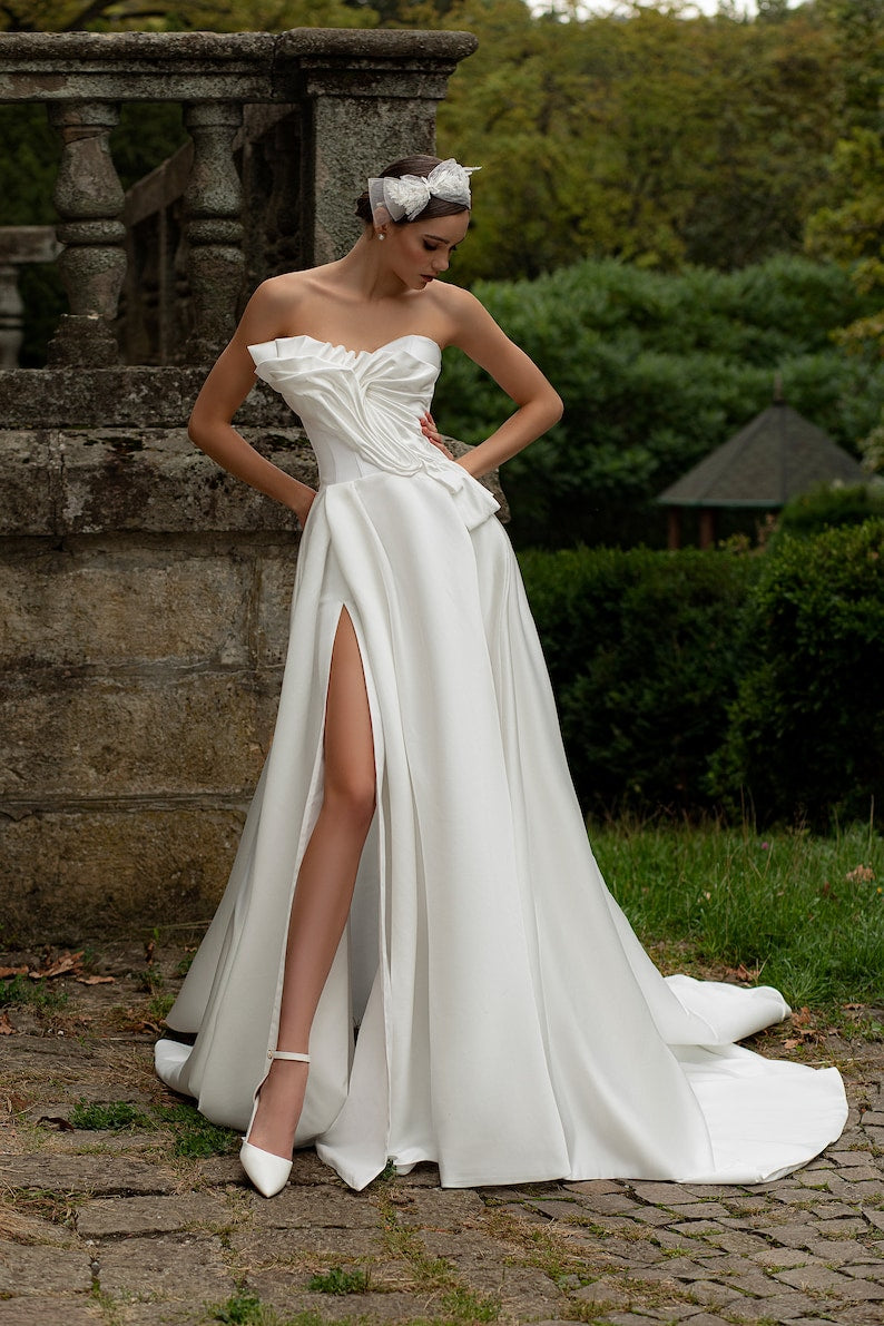 A-line wedding dress Firens, Satin wedding dress, Bridal gown, Ivory wedding dress,Wedding dress with slit
