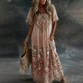 Women's Floral Art Print Flowy Linen Blend Casual Short Sleeve Maxi Dress