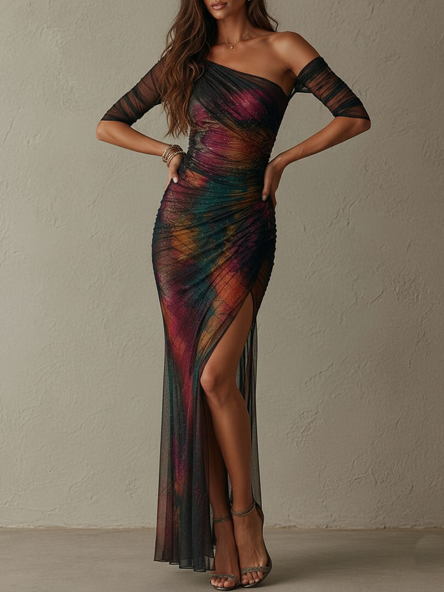 Retro Elegant Multicolor One-Shoulder Ruched Mesh Maxi Evening Dress