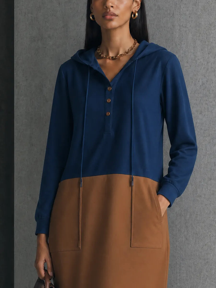 Women's Daily Casual Navy Spliced Caramel Cotton Blend Hooded Patch Pocket Midi Dress MDZ1419G2GMJ