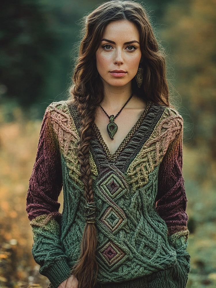 Women's Celtic Knot Design V-neck Forest Gradient Sweater