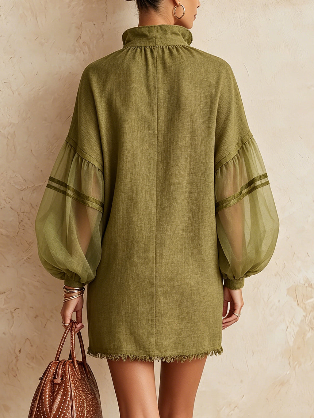 Olive Green Mini Dress With Sheer Puff Sleeves And Frayed Hem