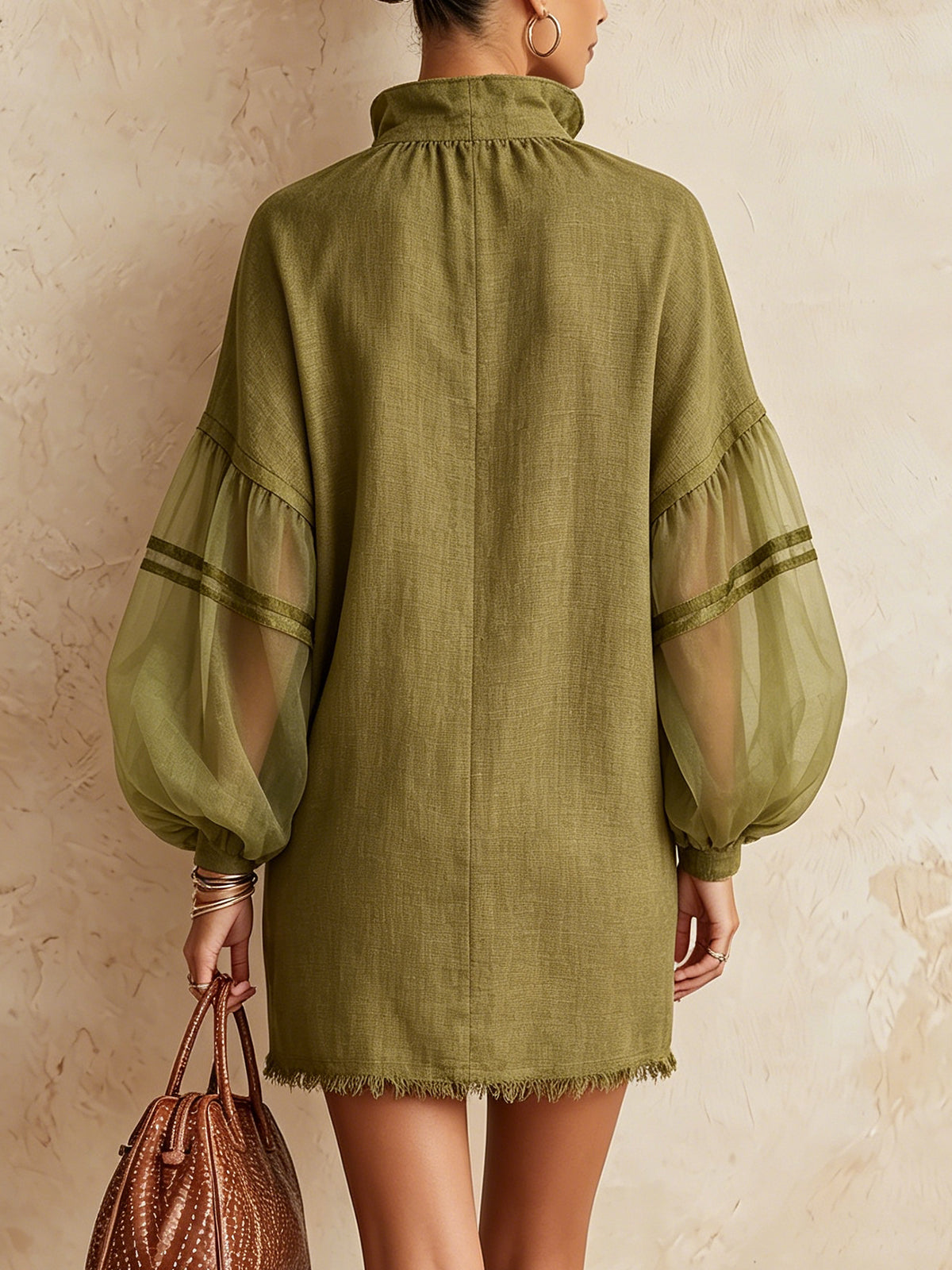 Olive Green Mini Dress With Sheer Puff Sleeves And Frayed Hem