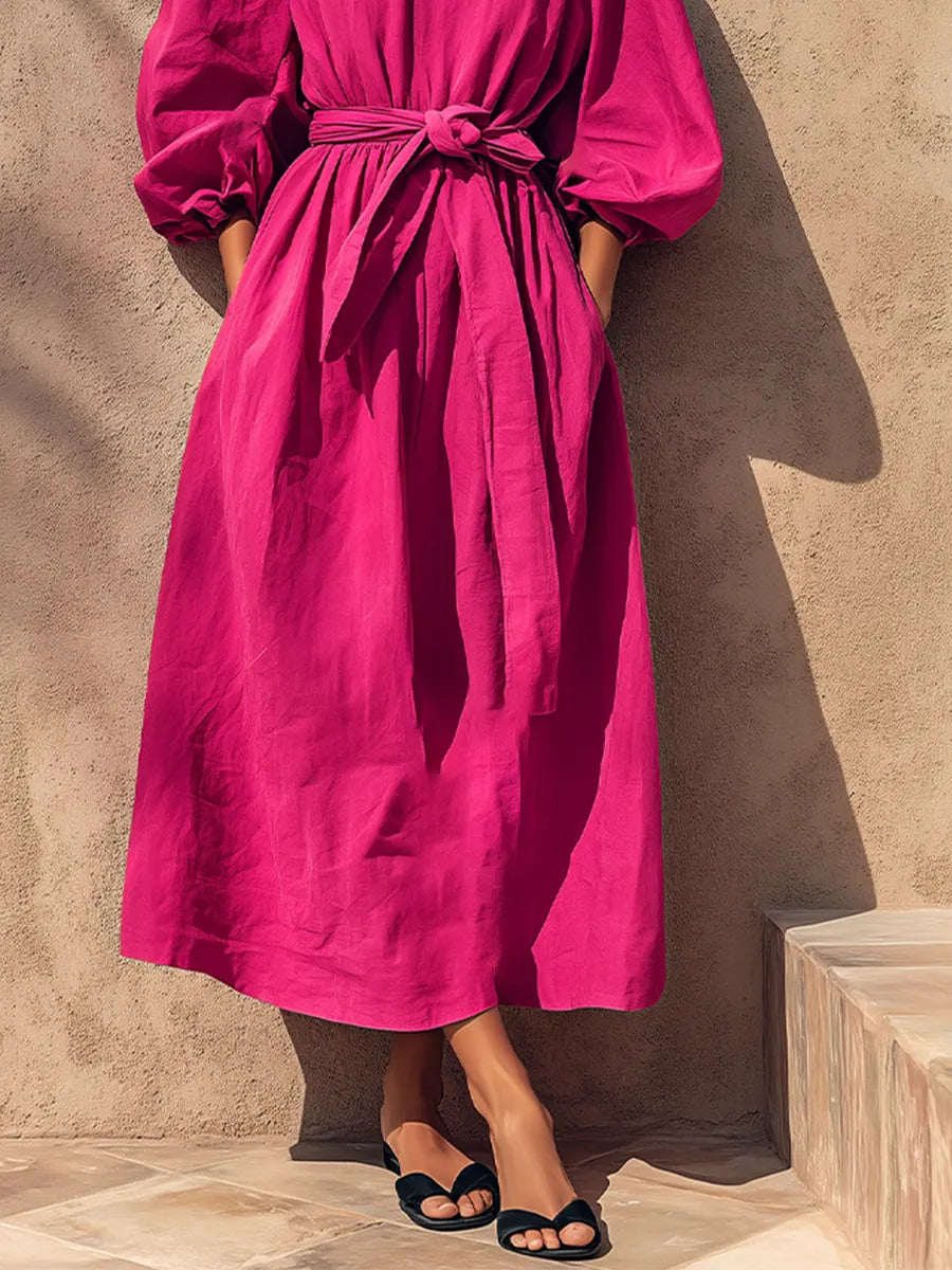 Women's Fuchsia Textured Cotton-Blend Maxi Gown With Cuffed Lantern Sleeves & Side Hand Pockets, Minimalist Effortless-Chic Summer Maxi Dress MDZ0641G7LYL