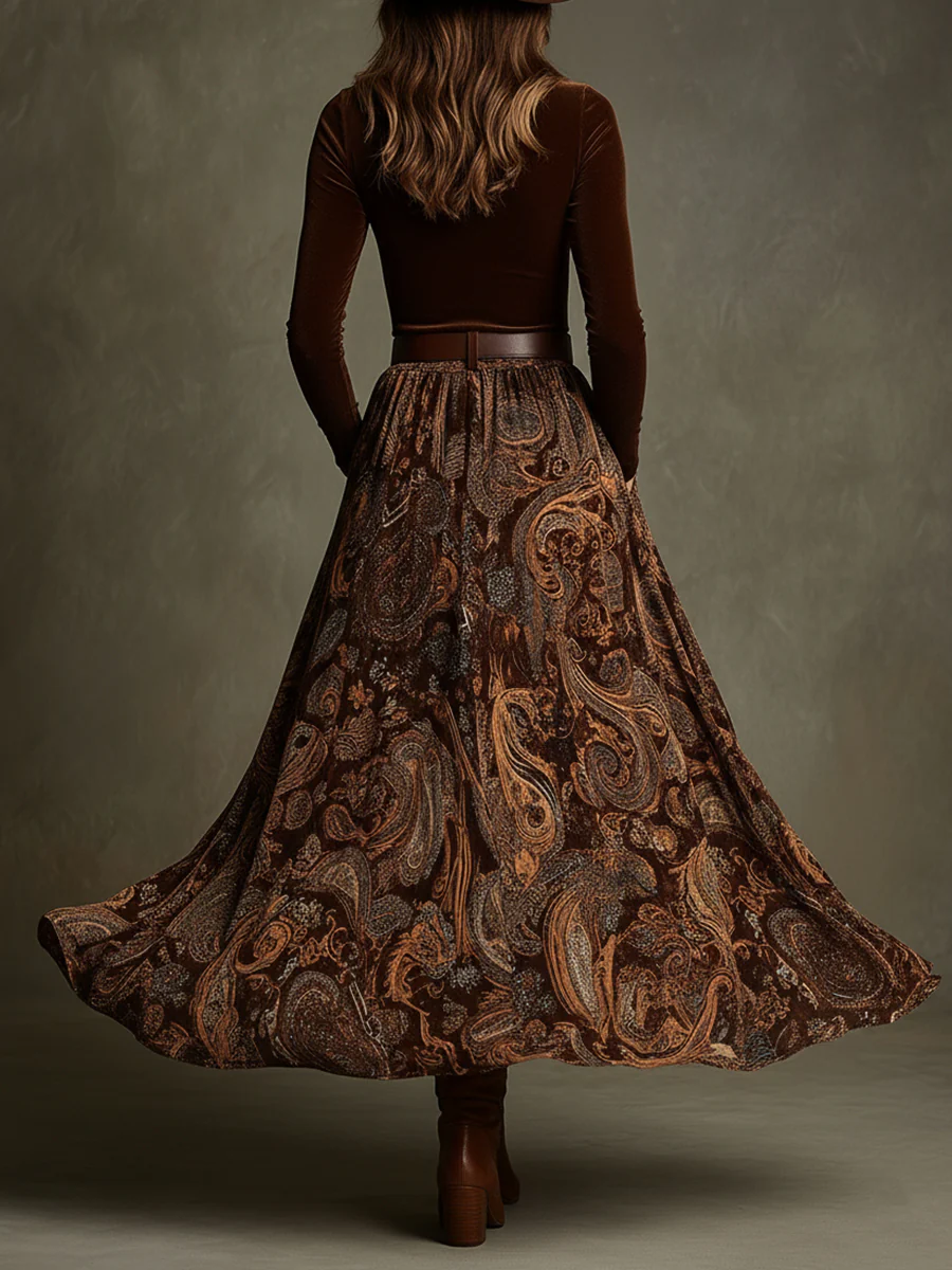 Vintage Stretch Velvet Top and Paisley Print Maxi Skirt Set(with belt)