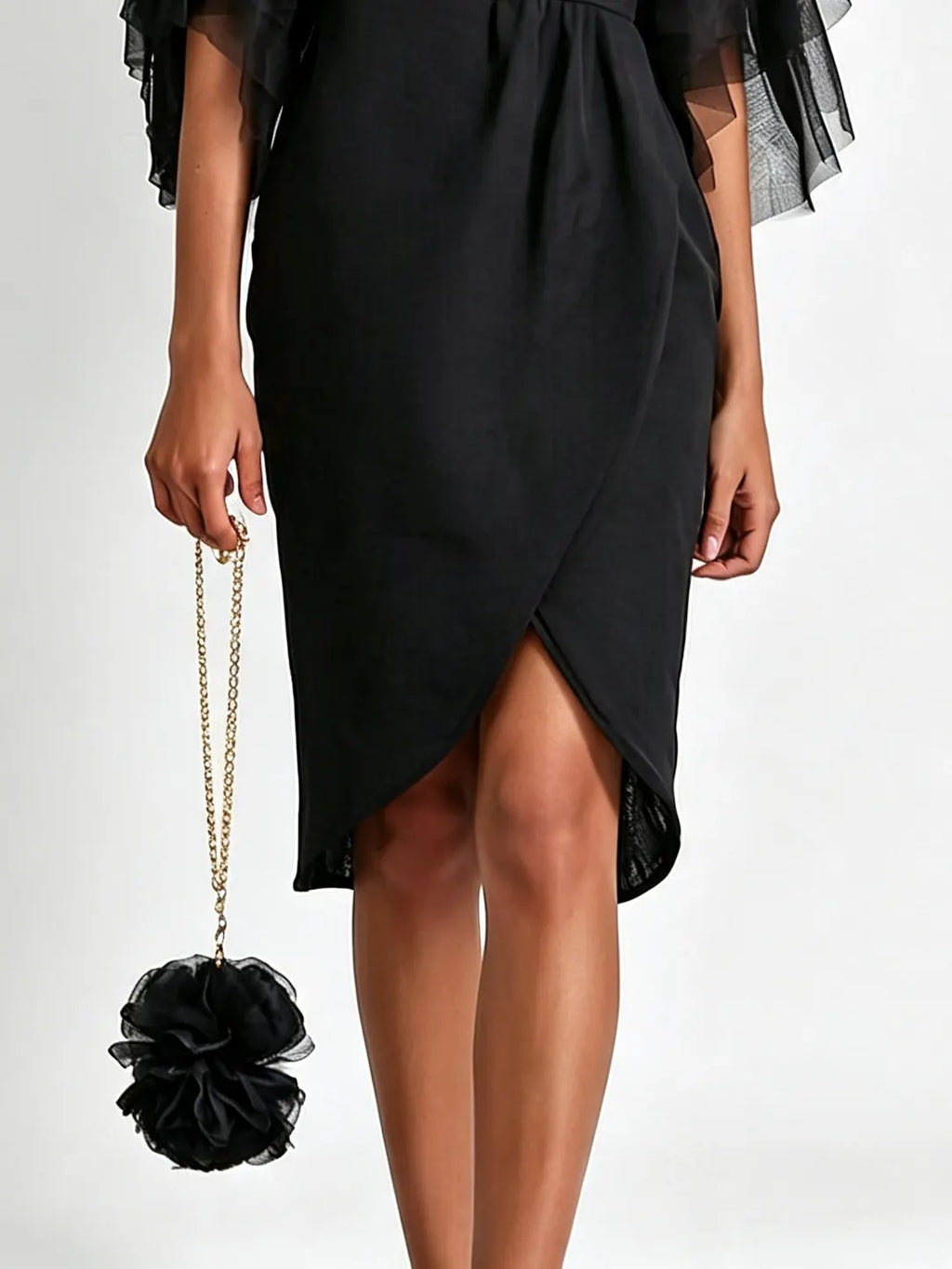 Black Off Shoulder Mesh Ruffle Midi Dress Round Neck Wrap Split Bodycon Cocktail Dress