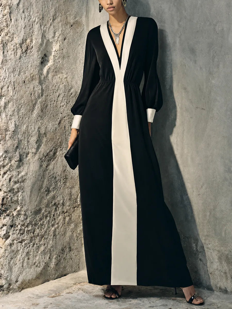 Women's Luxury Elegant Black White Cotton Blend Contrast Vertical Stripe Waisted Lantern Sleeve Maxi Dress MDZ1302G3GMJ