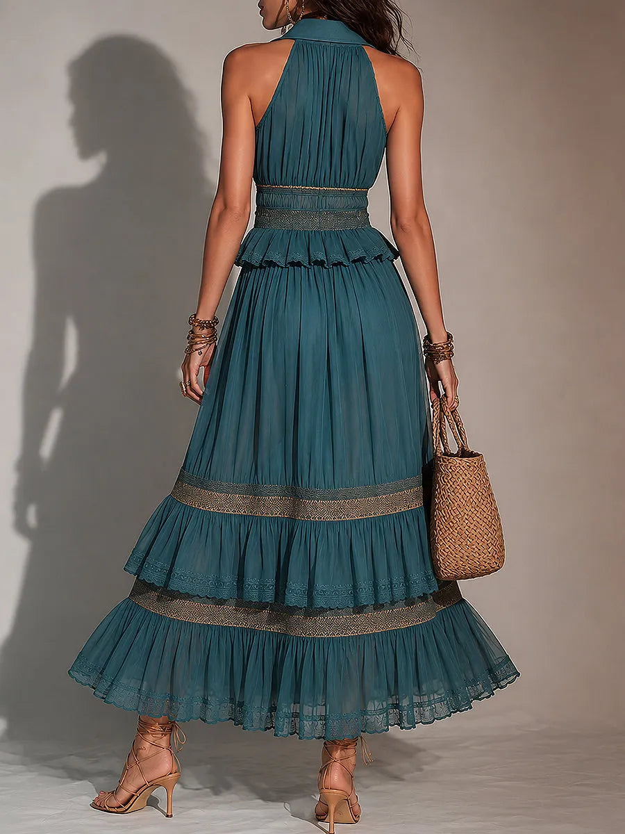 Retro Shirt-Collar Sleeveless Pleated Maxi Dress With Lace Trim