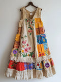 Floral Embroidered Lace Patchwork Linen Blend Dress
