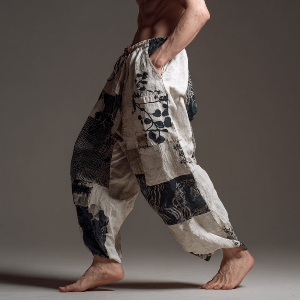 Japanese Style Patchwork Plant Print Casual Cotton Linen Trousers