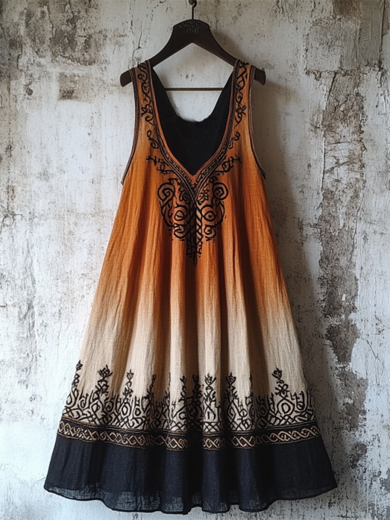 Vintage Tribal Celtic Knot Life Of Tree Patchwork Art Linen Tank Dress