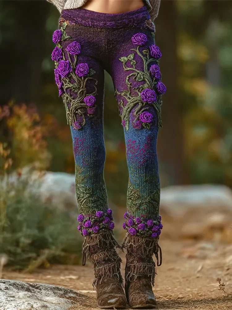 Vintage Gradient Boho Floral Embroidered Women's Knit Leggings