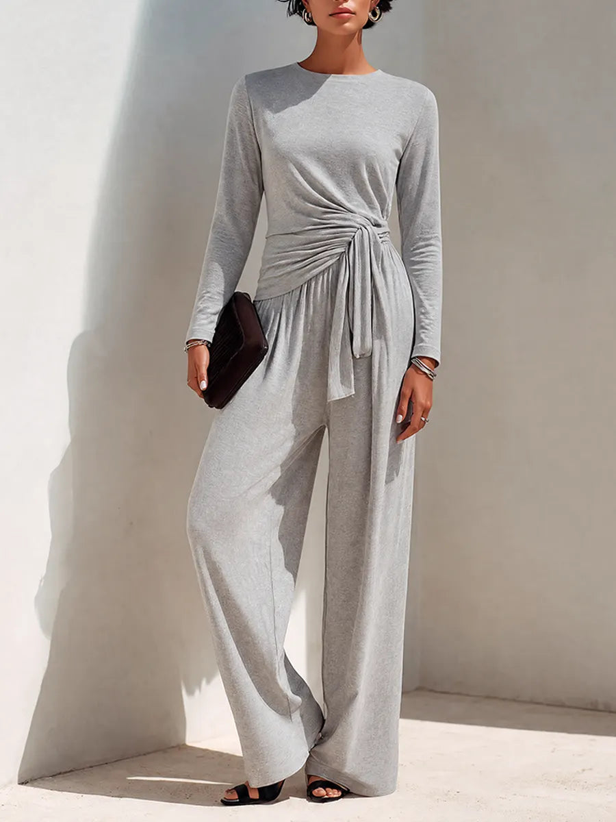 Women's Soft Light Grey Cotton-Blend Long-Sleeve Wrap Top & Wide-Leg Pants Set MDZ2286G0ZRK