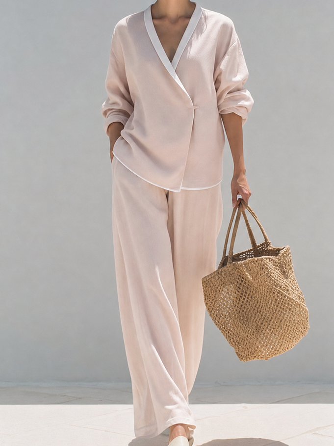 Women's Minimalist Blush Pink Viscose Blend V-Neck Contrast Trim Wrap Front Long Sleeve Top And Wide-Leg Pants Two-Piece Set MDZ1355G4ZSQ