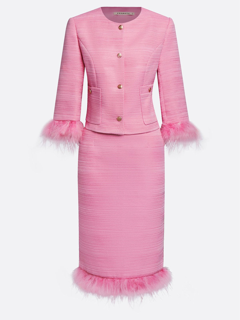Women Tweed Rose Red Feather-trimmed Buckle Crew Neck Three Quarter Sleeve Dressy Coat With Skirt Two-Piece Set