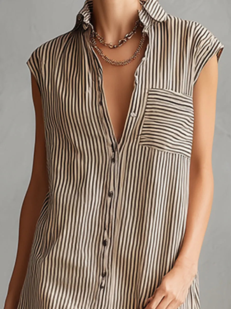 Elegant And Casual Khaki Striped Collared Front Button Sleeveless Mini Dress