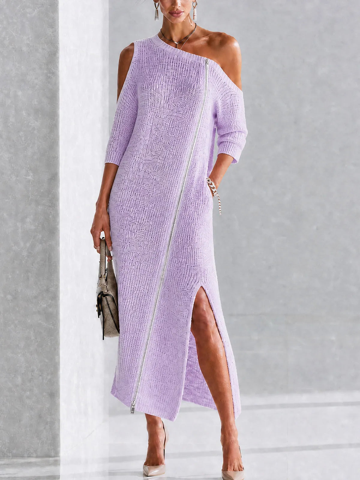 Purple Asymmetric Zip Knit Maxi Dress With Cold-Shoulder Detail