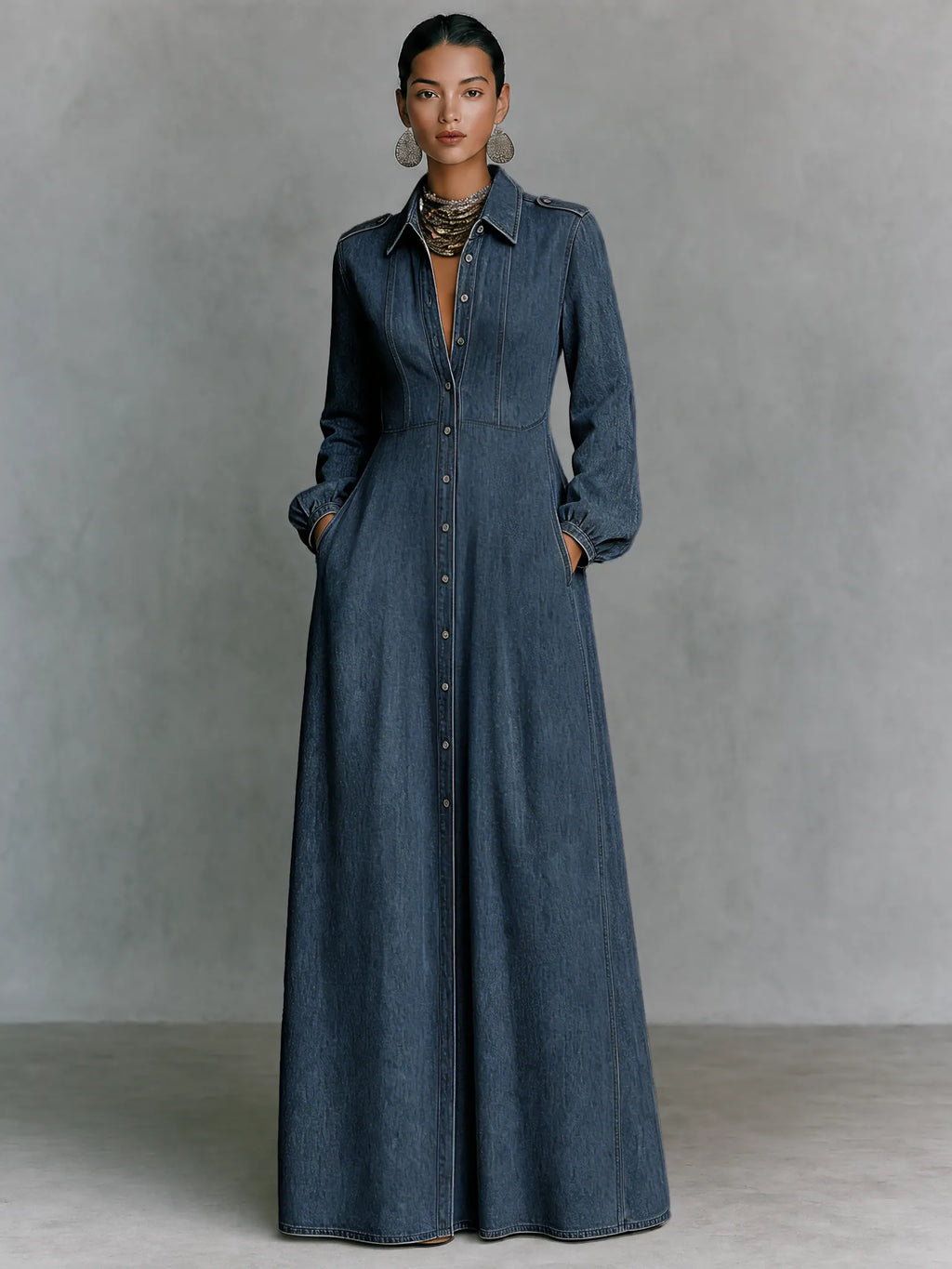 Women's Minimalist Long-Sleeve Denim Maxi Dress With Collar And Epaulettes MDZ0893G9WY