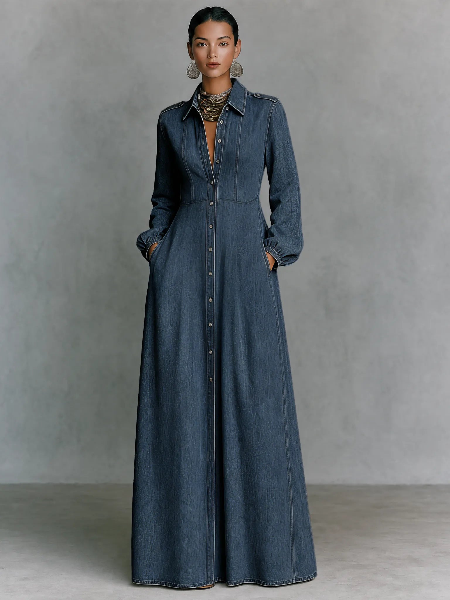 Women's Minimalist Long-Sleeve Denim Maxi Dress With Collar And Epaulettes MDZ0893G9WY