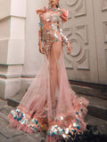 Long Sleeves Sequined See-Through Split-Joint Round-Neck Maxi Dresses