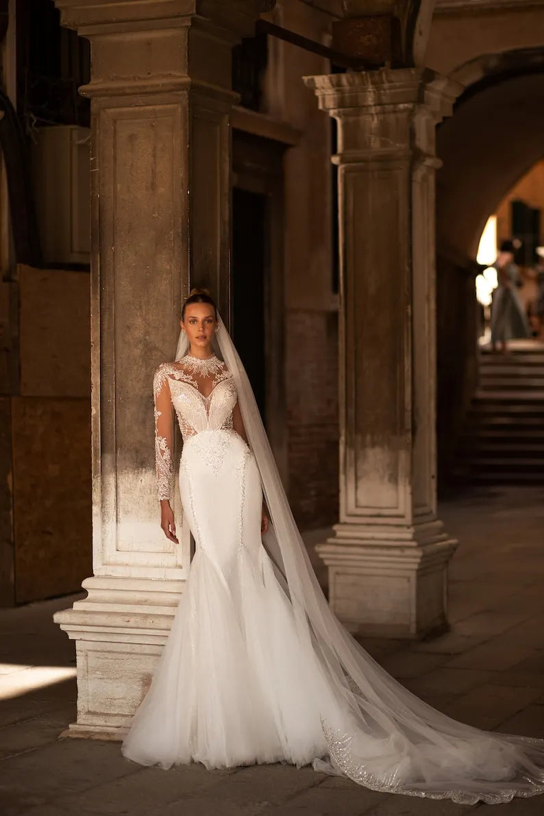 Luxurious Mermaid Fit and flare Long illusion Sleeve Mockneck Illusion open decorated back back Pearl sequin Embroidered wedding dress