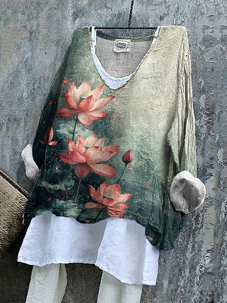 Vintage Retro Lotus Inspired Design Art Linen Blend Tunic