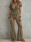 Boho Olive Ruffled Plunge Pleated Jumpsuit